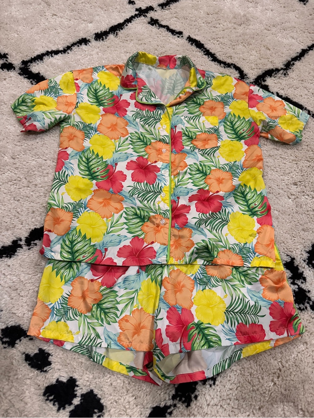 Art Class Kids Silk Floral Hawaiian Short Pajama Set - Yellow, Orange & Red